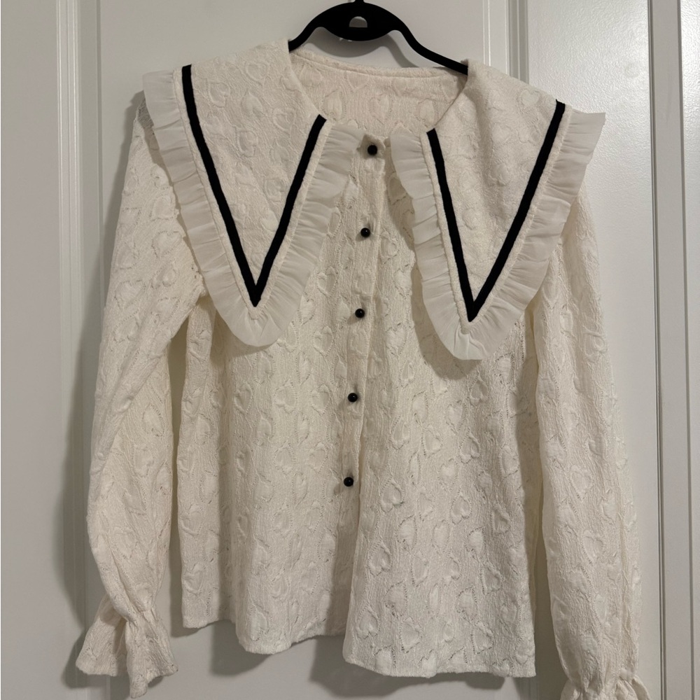 Chic White Lace Blouse with Black Accents